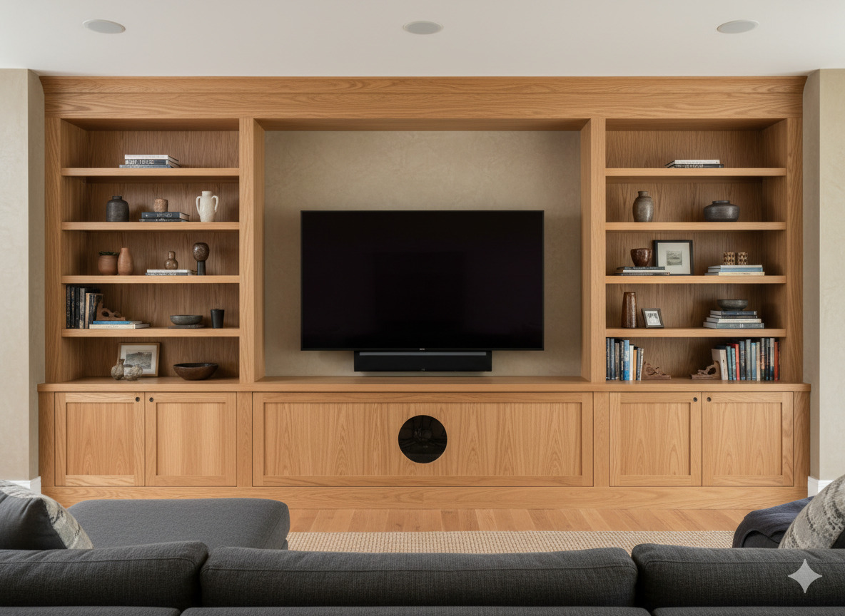 Custom oak entertainment center with storage